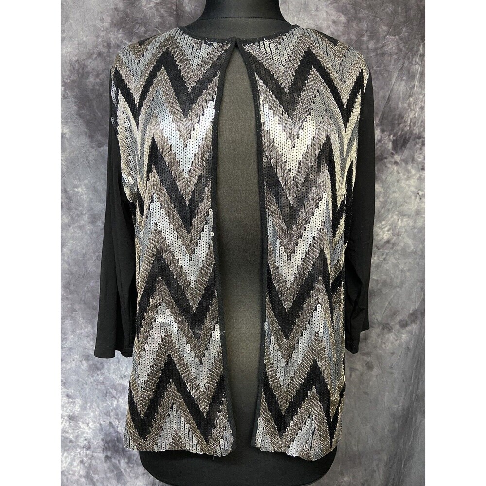 Chico’s Travelers Size 2/Large Metallic Embroidered Sequin Chevron Open Cardigan